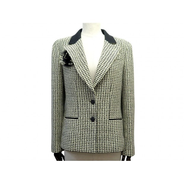VESTE CHANEL A CARREAUX BROCHE CAMELIA EN COTON VERT 42 L + CINTRE JACKET 5650€