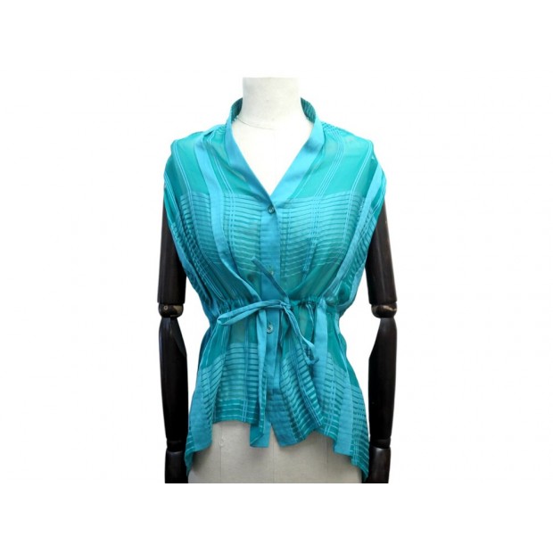 HAUT TOP BLOUSE HERMES SANS MANCHES XS 34 EN SOIE ET COTON BLEU SILK SHIRT 2000€