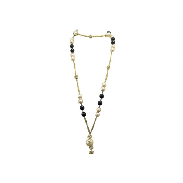 VINTAGE COLLIER CHANEL SAUTOIR PERLES NOIRES ET BLANCHES LOGO CC STRASS 2300€