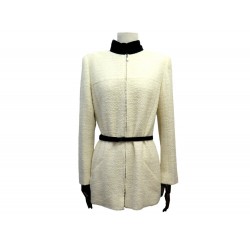 NEUF VESTE CHANEL ZIP EN TWEED ECRU COL VELOURS AVEC CEINTURE 42 L CINTRE 5650€