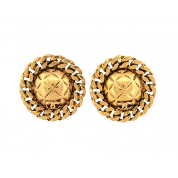 VINTAGE BOUCLES D'OREILLES CHANEL 1990 RONDES MATELASSEES LOGO CC DOREE EARRINGS
