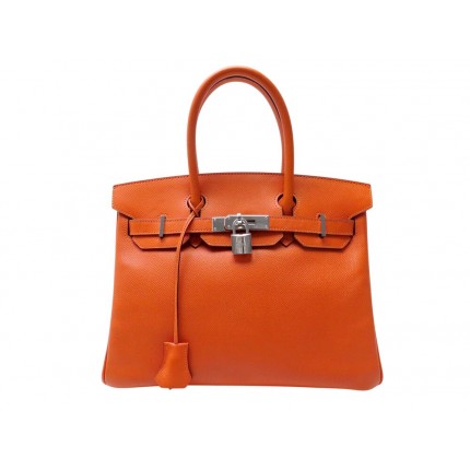 SAC A MAIN HERMES BIRKIN 30 2009 EN CUIR EPSOM ORANGE & PALLADIE PURSE HAND BAG