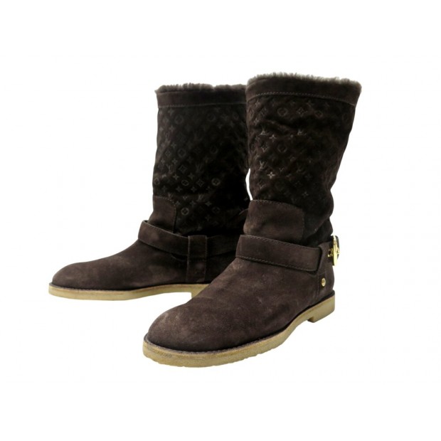 CHAUSSURES LOUIS VUITTON BOTTES FOURREES 39 EN DAIM MARRON MONOGRAM BOOTS 1500€