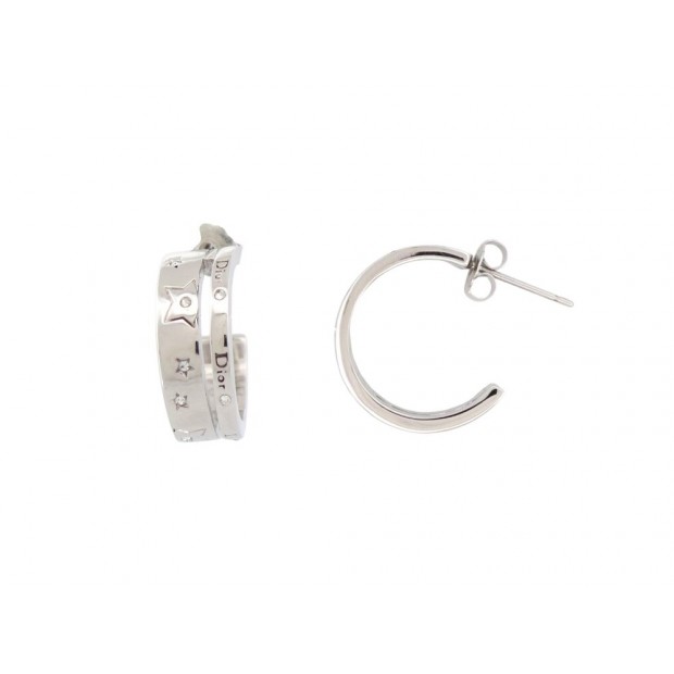 NEUF BOUCLES D'OREILLES DIOR CREOLES ETOILES STRASS METAL ARGENTE EARRINGS 520€