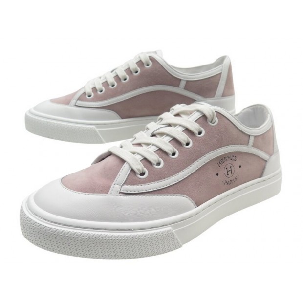 NEUF CHAUSSURES HERMES SNEAKERS GET H231027Z BASKETS 38 EN CUIR & DAIM ROSE 750€