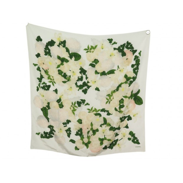 FOULARD CHANEL FLEURS CAMELIA EN SOIE ECRUE CARRE 90 CM FLOWERS SILK SCARF 530€