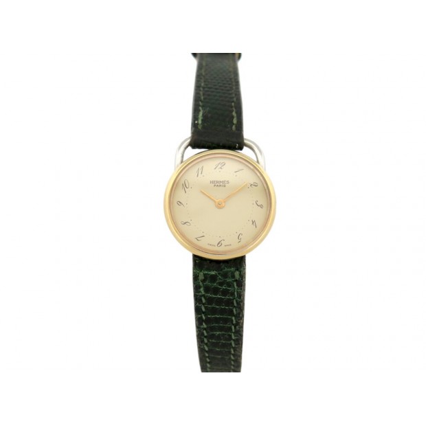 VINTAGE MONTRE HERMES ARCEAU PLAQUE OR 25 MM BRACELET LEZARD QUARTZ LADY WATCH