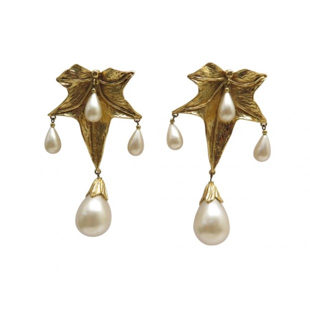 VINTAGE BOUCLES D'OREILLES CHRISTIAN DIOR PENDANTES FEUILLES & PERLES EARRINGS
