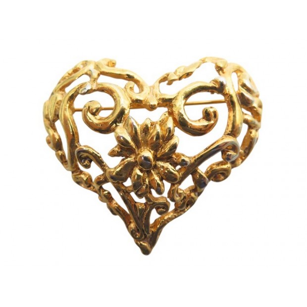 VINTAGE BROCHE CHRISTIAN LACROIX COEUR 6X7 CM EN METAL DORE GOLDEN HEART BROOCH