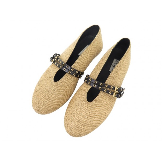 NEUF CHAUSSURES ALAIA BALLERINES RAPHIA 37 DOUBLE BRIDE EN CUIR FLAT SHOES 1250€