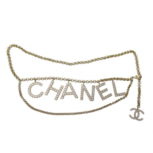 CEINTURE CHANEL CHAINE STRASS LETTRES CHANEL 80 A 84 CM COLLIER EN METAL DORE CC