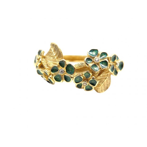 VINTAGE BRACELET CHRISTIAN DIOR FLEURS EN EMAIL VERTE & STRASS METAL DORE BANGLE