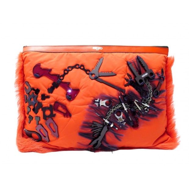 NEUF SAC A MAIN POCHETTE KENZO POILS OUTILS EN TOILE ORANGE 2014 CLUTCH BAG 950€