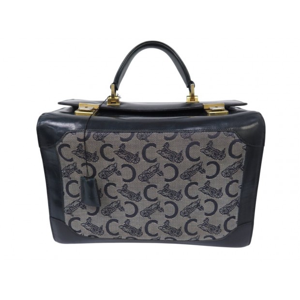 VINTAGE VANITY CELINE CUIR BOX BLEU MARINE ET TOILE MONOGRAMMEE POUCH CASE BAG