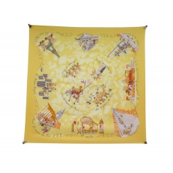 RARE FOULARD HERMES LES TRIPLES NICOLE LAMBERT CARRE 90 CM EN SOIE JAUNE SCARF