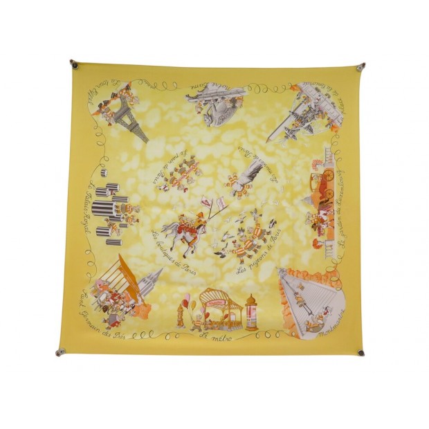 RARE FOULARD HERMES LES TRIPLES NICOLE LAMBERT CARRE 90 CM EN SOIE JAUNE SCARF