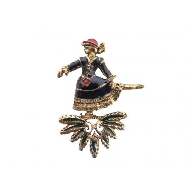 VINTAGE BROCHE HERMES PATINEUSE EN METAL DORE ET EMAIL + BOITE ENAMEL BROOCH