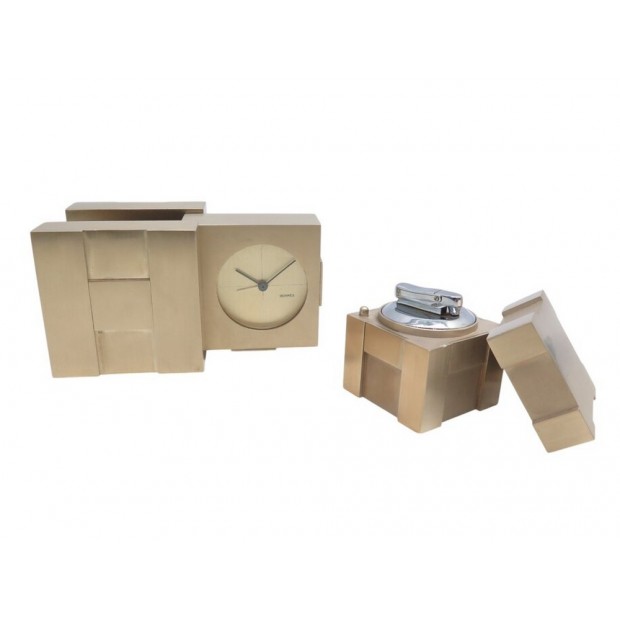 VINTAGE SET HERMES PENDULE + BRIQUET DE TABLE CUBIQUE PLAQUE OR CLOCK & LIGHTER