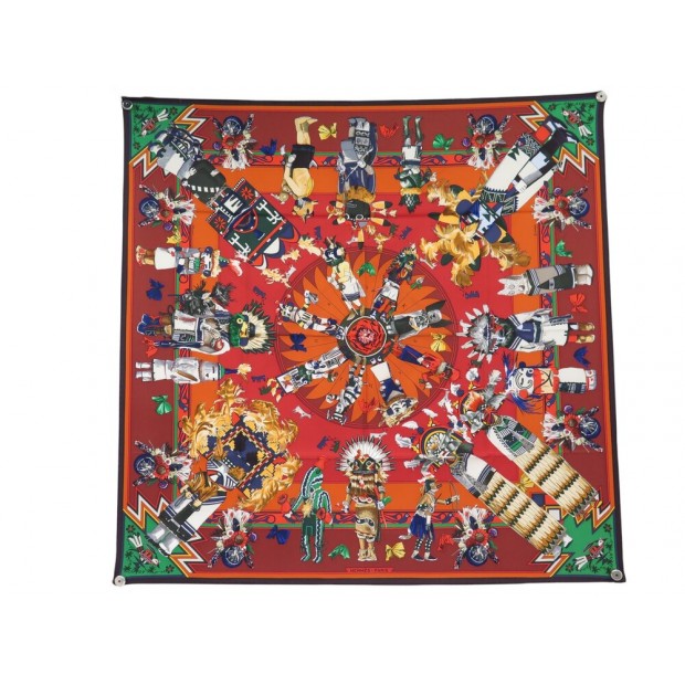 FOULARD HERMES KACHINAS KERMIT OLIVER CARRE 90 EN SOIE BRIQUE SILK SCARF 530€