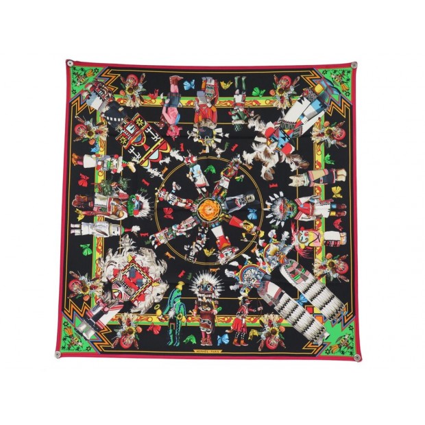 FOULARD HERMES KACHINAS KERMIT OLIVER CARRE 90 NOIR SOIE + BOITE SILK SCARF 530€