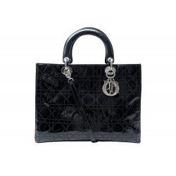 SAC A MAIN CHRISTIAN DIOR LADY DIOR LARGE CUIR CANNAGE VERNI NOIR HANDBAG 6200€