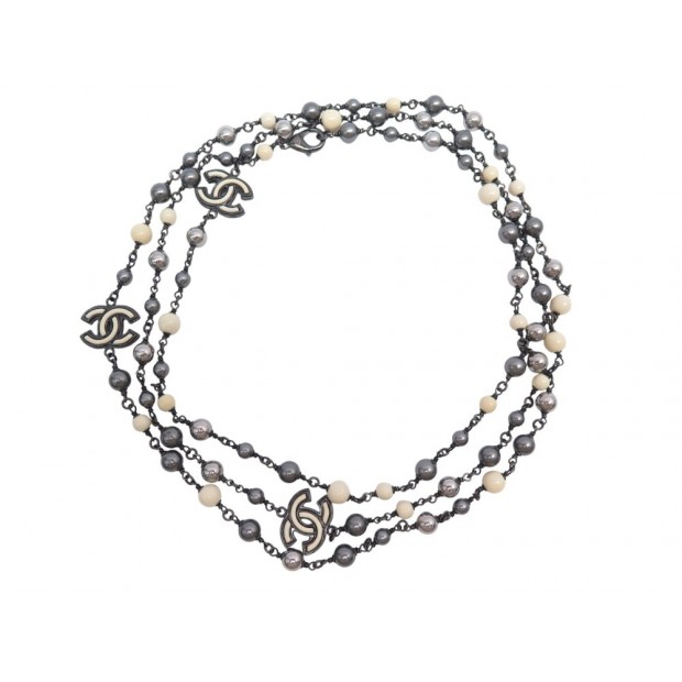 COLLIER CHANEL SAUTOIR DE PERLES LOGO CC 160CM NOIRES BLANCHES PEARLS NECKLACE