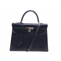 SAC A MAIN HERMES KELLY II 35 SELLIER EN CUIR BOX BLEU 2003 BANDOULIERE HAND BAG