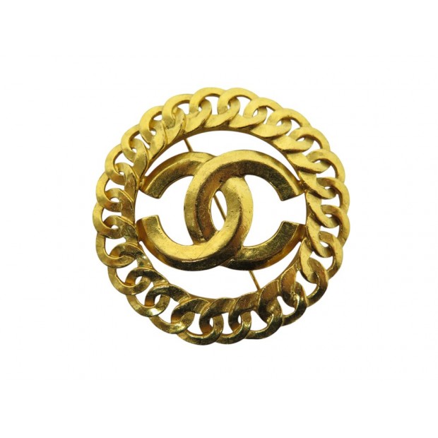 VINTAGE BROCHE CHANEL LOGO CC MAILLE GOURMETTE 1996 EN PLAQUE OR GOLDEN BROOCH