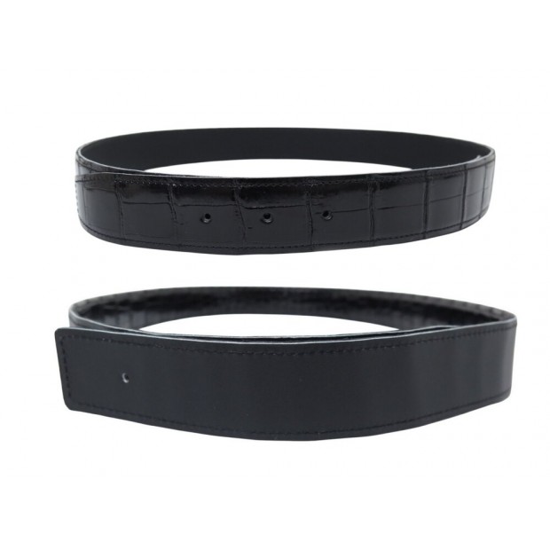 LIEN DE CEINTURE T95 COMPATIBLE BOUCLE HERMES 32MM EN CUIR DE CROCODILE NOIR