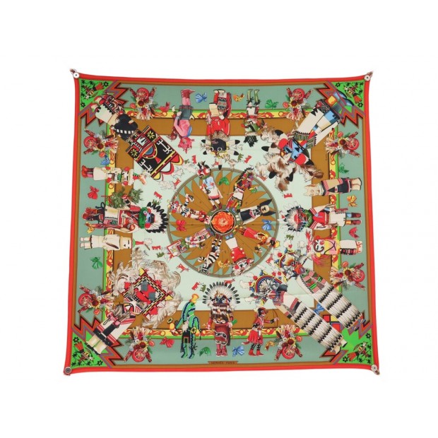 FOULARD HERMES KACHINAS KERMIT OLIVER CARRE 90 SOIE MULTICOLORE SILK SCARF 530€