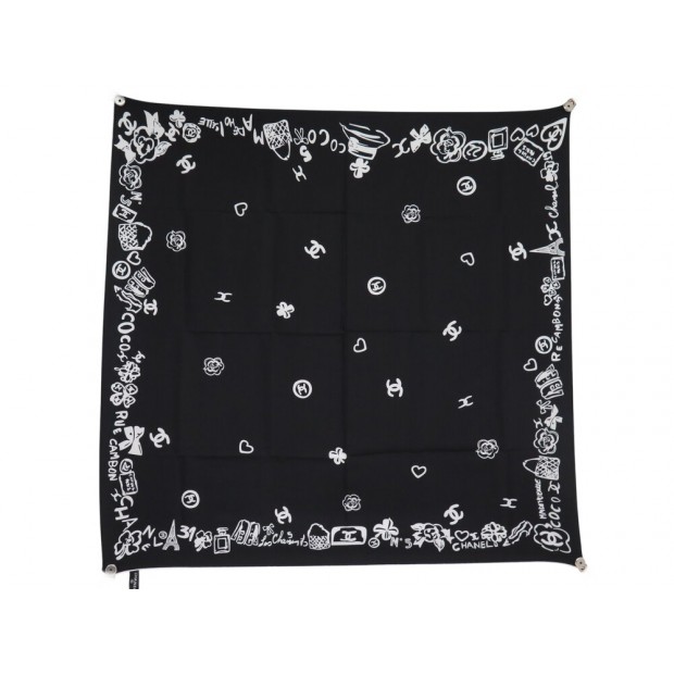 NEUF FOULARD CHANEL LOGO CC TREFLES CAMELIA COEUR CARRE 90 TWILL SOIE SCARF 530€
