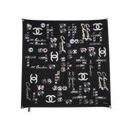 FOULARD CHANEL CAMELIA LOGO CC CAMBON CARRE 90 EN TWILL DE SOIE NOIRE SCARF 530€