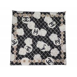 NEUF FOULARD CHANEL CAMELIA LOGO CC MATELASSE CARRE 90 SOIE BICOLORE SCARF 530€