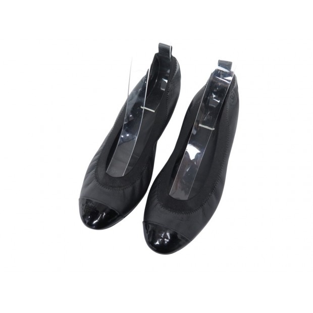 CHAUSSURES CHANEL G26642 BALLERINES 38.5 CUIR NOIR BOUTS VERNIS FLAT SHOES 600€