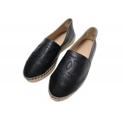 NEUF CHAUSSURES CHANEL ESPADRILLES LOGO CC G29762 35 CUIR NOIR NEW SHOES 860€