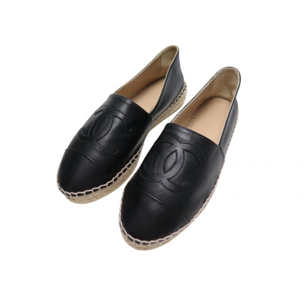 NEUF CHAUSSURES CHANEL ESPADRILLES LOGO CC G29762 35 CUIR NOIR NEW SHOES 860€