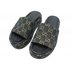 CHAUSSURES MULES GUCCI 623212 SANDALES PLATEFORME SLIDE DENIM NOIR GG 39.5 595€