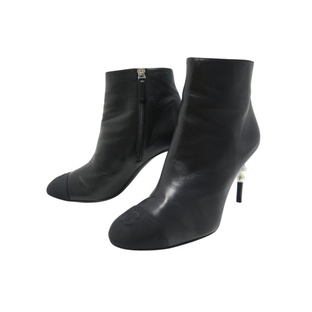 CHAUSSURES CHANEL G36679 BOTTINES LOGO CC A TALONS PERLES 39.5 NOIR BOOTS 1600€
