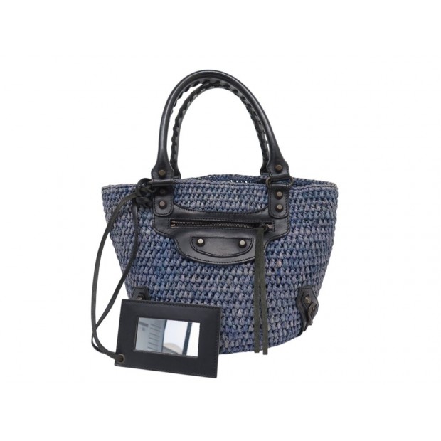 SAC A MAIN BALENCIAGA PANIER PM 236741 RAPHIA TRESSE ET CUIR CABAS TOTE BAG 750€