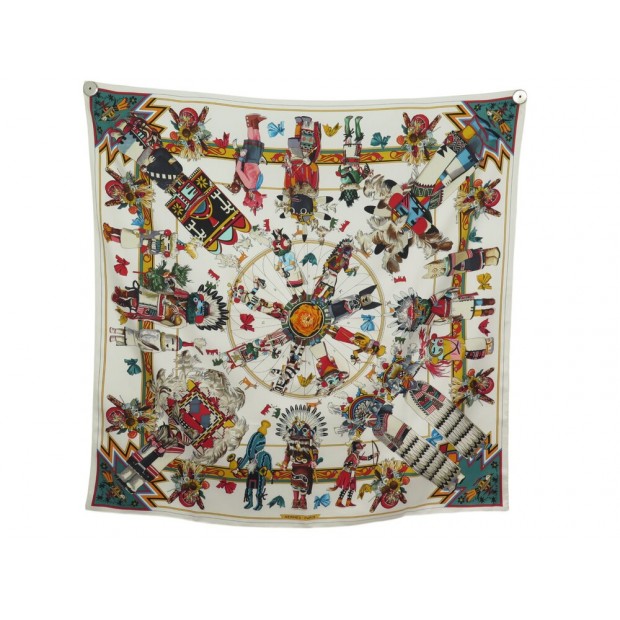 FOULARD HERMES KACHINAS KERMIT OLIVER CARRE 90 SOIE MULTICOLORE SILK SCARF 530€