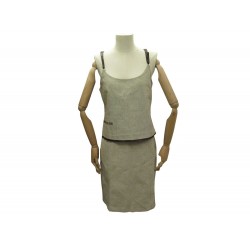 ENSEMBLE PRADA JUPE + HAUT TOP LIN ET COTON SANGLES CUIR M 40 BEIGE SKIRT 3700€