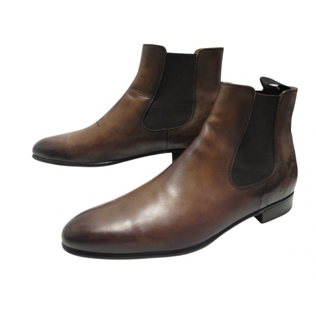 CHAUSSURES BERLUTI BOTTINES CHELSEA SCRITTO CUIR MARRON 10 44 BOOTS SHOES 2380€