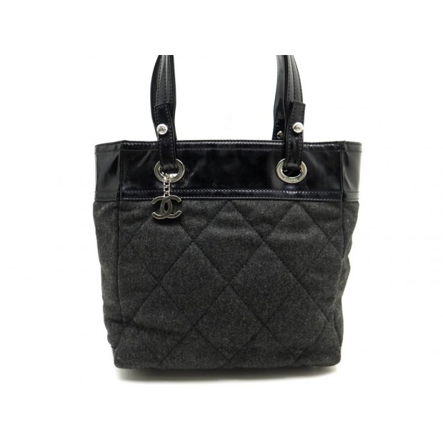 SAC A MAIN CHANEL CABAS SHOPPING EN CUIR VERNIS NOIR & TWEED PURSE 2450€