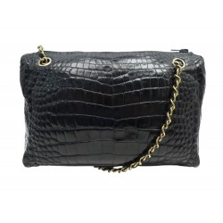 VINTAGE SAC A MAIN CHANEL BANDOULIERE EN CUIR DE CROCODILE NOIR LEATHER HAND BAG