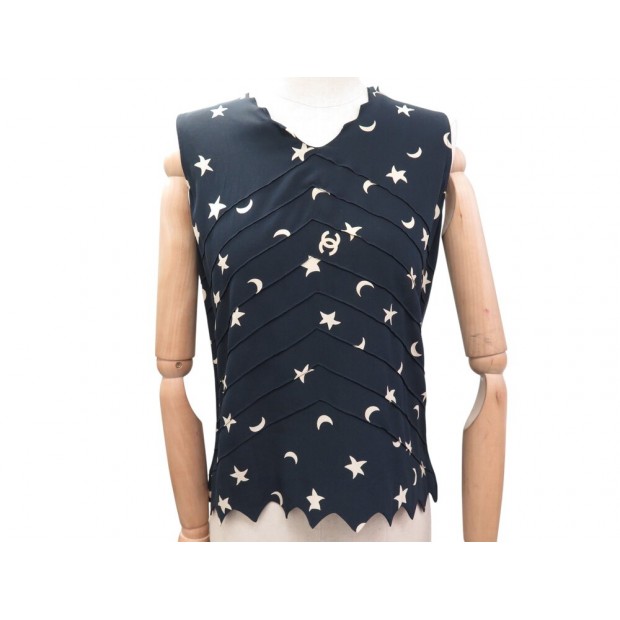 NEUF HAUT CHANEL SANS MANCHES ETOILES LOGO CC P33044 M 40 CREPE DE SOIE 2800€