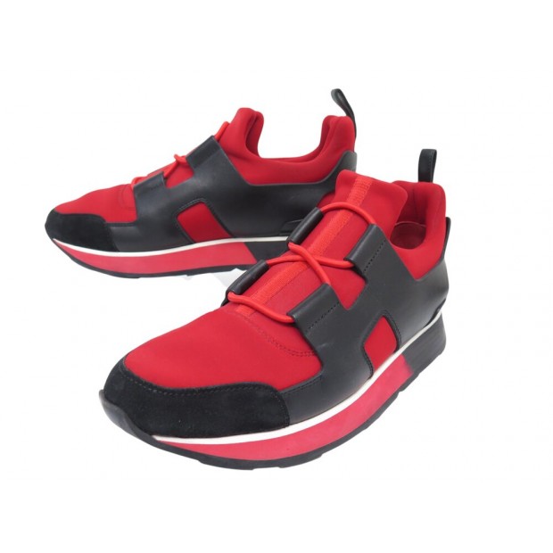 CHAUSSURES BASKETS HERMES PLAYER 37 TOILE ROUGE CUIR NOIR SNEAKERS SHOES 995€
