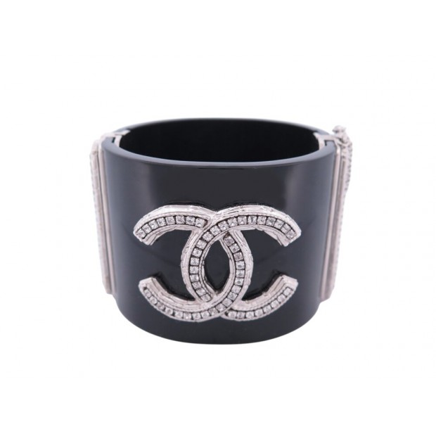 BRACELET CHANEL MANCHETTE LOGO CC CRISTAUX 16 CM 2011 RESINE BLACK CUFF BANGLE