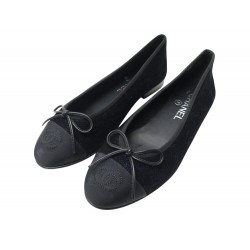 NEUF CHAUSSURES CHANEL BALLERINES LOGO CC G02819 37 VELOURS NOIR ET BLEU 1060€