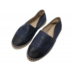 CHAUSSURES CHANEL ESPADRILLES LOGO CC G29762 37 CUIR BLEU FLAT BLACK SHOES 860€
