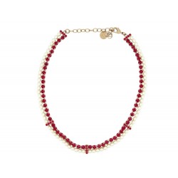 NEUF COLLIER DIOR CHOKER STRASS ROUGES ET PERLES 32/41 PEARLS NEW NECKLACE 700€